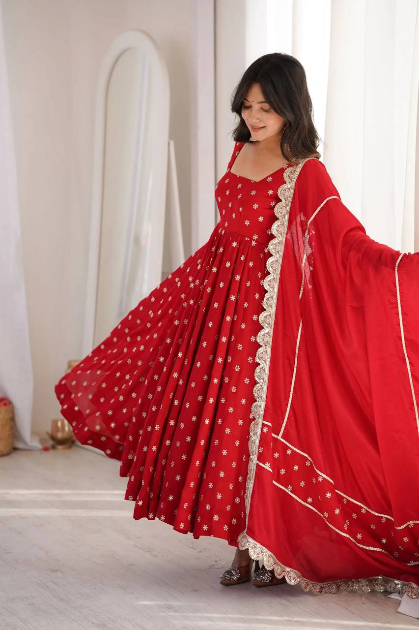 Radiant Crimson Red Flared Anarkali Suit Set Adorned with Delicate Silver Starburst Motifs and an Ornate Scalloped Dupatta